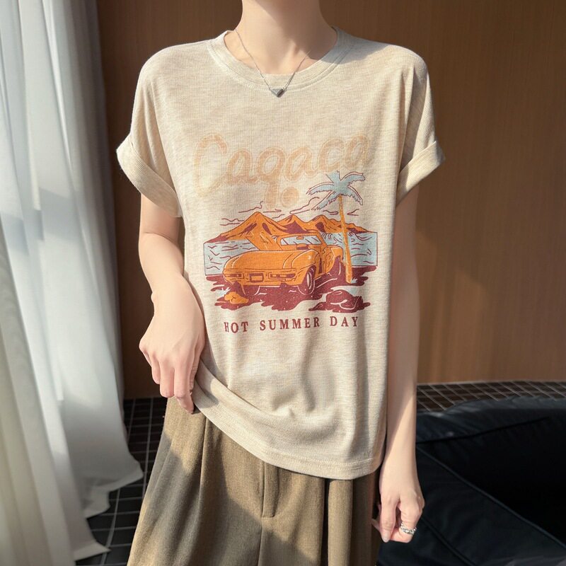 时尚洋气时髦轻奢高级感上衣2026夏季新短款印花针织短袖T恤女款