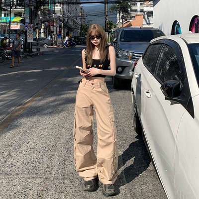 美式卡其色阔腿工装裤女秋季新款高腰显瘦直筒宽松垂感休闲长裤子