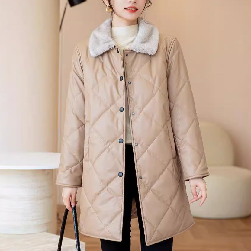 2025冬季新款羽绒棉皮衣女中长款仿水貂毛领翻领休闲加厚外套女款