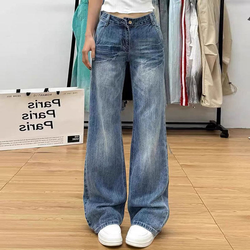 大码辣妹水洗裂纹喇叭牛仔裤女秋季新款直筒胖mm阔腿拖地微喇裤子