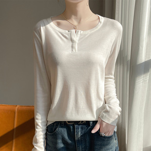 白色高级感上衣女款2025秋季女装新款圆领修身韩版打底长袖t恤