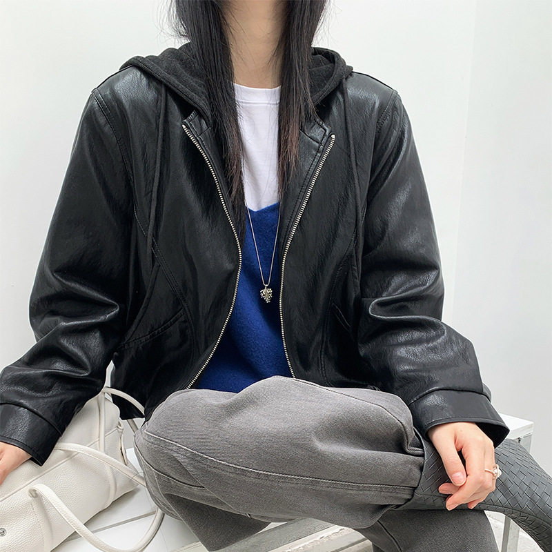高端大气上档次短款皮衣外套女款2026春秋新款连帽宽松休闲皮夹克