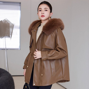 巨好看的外套女款2026冬装中长款加绒加厚连帽大毛领PU皮衣派克服