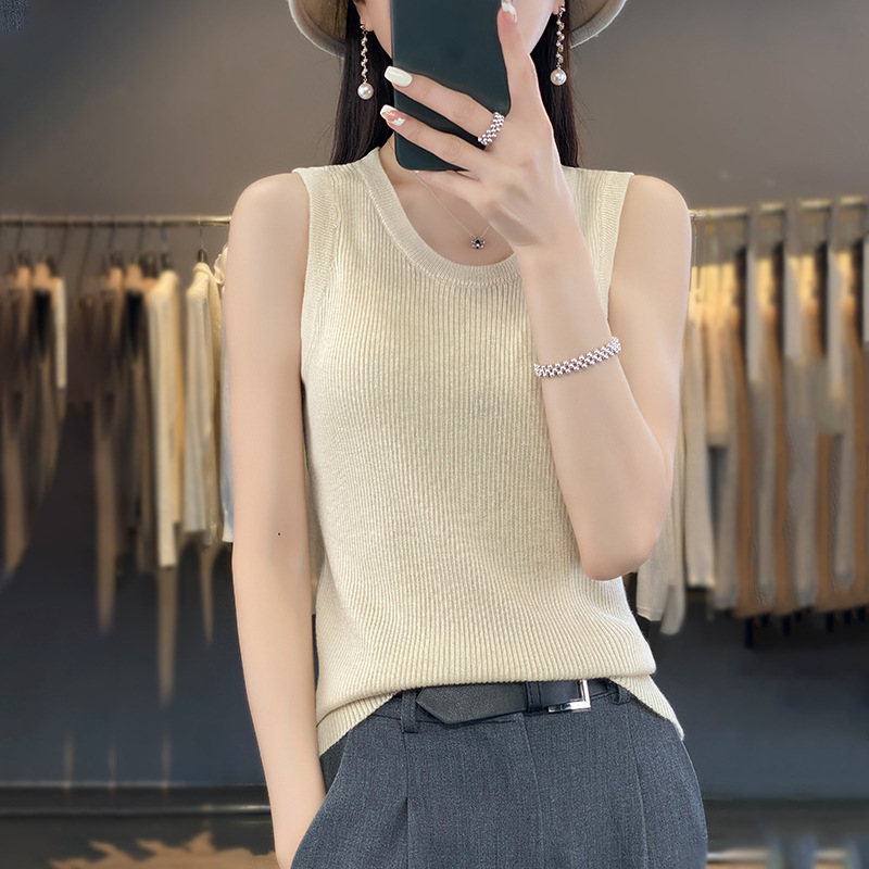 透气吸汗精纺羊毛t恤女款2025夏季新款宽松短款针织无袖背心吊带