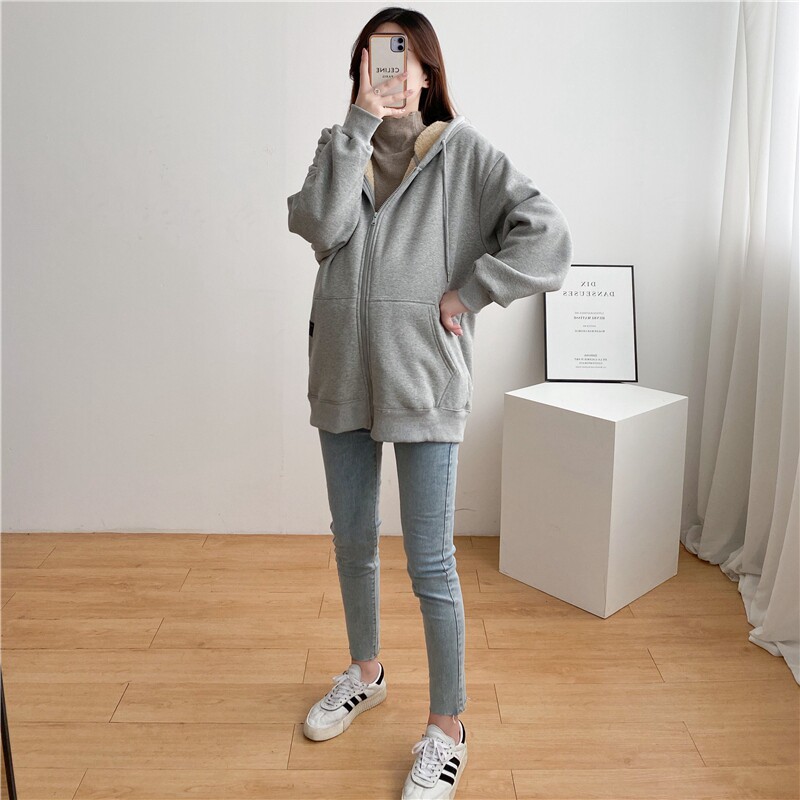 출산 코트 가을 겨울 여성 겉옷 느슨한 대형 두꺼운 양고기 벨벳 따뜻한 탑 임신 봄 카디건 패션