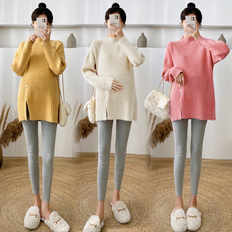 출산 착용 가을 겨울 스웨터 한국 스타일 봄 가을 느슨한 대형 니트 슬릿 풀오버 탑 솔리드 컬러 바닥 셔츠 여성용