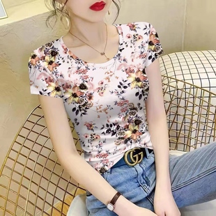 气质小衫 显瘦T恤复古印花薄款 大码 百搭短袖 冰丝上衣女装 潮流爆款