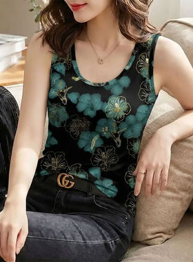 夏季女款冰丝圆领无袖背心碎花印花薄款上衣时尚洋气百搭打底衫