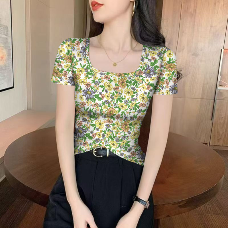 套头新款夏季冰丝减龄方领韩版短袖T恤上衣透气碎花设计薄款显瘦,女装/女士精品,T恤,淘宝优惠券,粉丝福利购,淘宝优惠卷