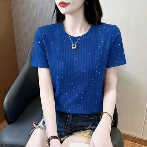 亮闪闪满天星冰丝螺纹短袖T恤女士纯色宽松夏季百搭显瘦休闲上衣