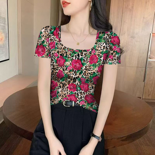 豹纹减龄方领韩版 女装 短袖 设计薄款 遮肚显瘦 T恤上衣透气时尚 夏季