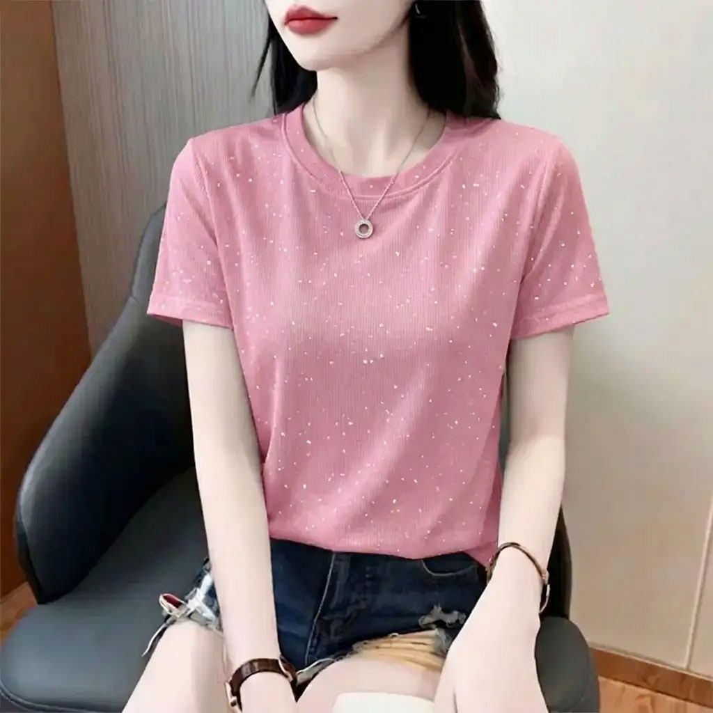 夏季冰丝螺纹纯色短袖T恤宽松遮肉亮闪闪满天星通勤百搭气质上衣