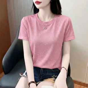 夏季冰丝螺纹纯色短袖T恤宽松遮肉亮闪闪满天星通勤百搭气质上衣
