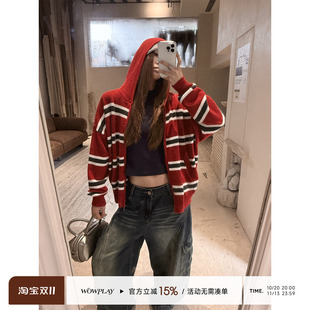 WOWPLAY杨九七 复古连帽撞色条纹针织开衫女秋冬宽松慵懒毛衣外套