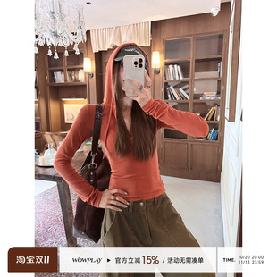WOWPLAY杨九七连帽亨利衫修身长袖T恤女秋季短款收腰帽衫慵懒上衣
