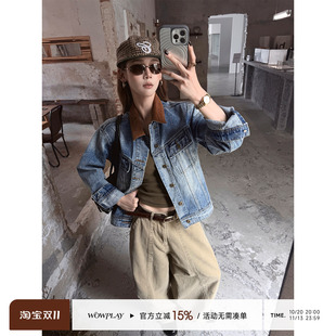WOWPLAY杨九七 美式复古撞色翻领牛仔外套女秋季休闲工装夹克上衣