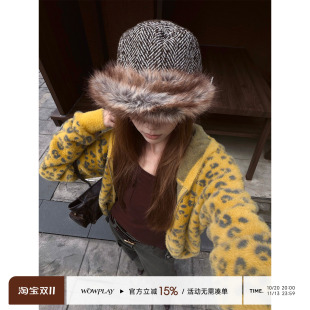 WOWPLAY杨九七 美式豹纹提花针织开衫女超柔绒感拉链连帽毛衣外套