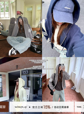 杨九七华夫格连帽开衫卫衣外套女