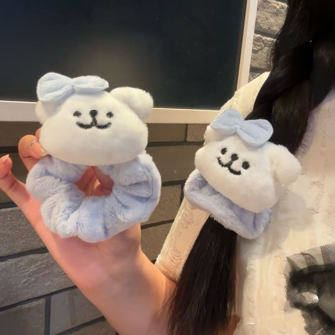 线条小狗蓝色蝴蝶结秋冬毛绒大肠发圈日韩少女扎头皮筋马尾发绳