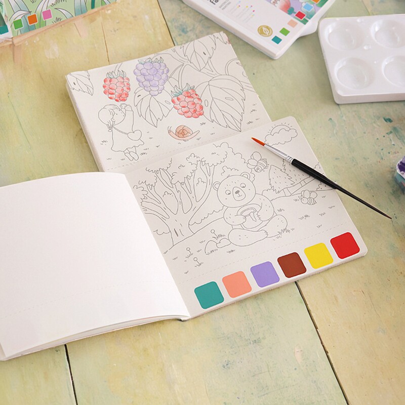 儿童便签水粉画绘本自带颜料水彩涂色幼儿画画涂色本填色diy涂鸦