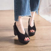 单鞋 粗跟黑色 坡跟鱼嘴超高防水台高跟鞋 女2026春新款 真皮厚底凉鞋