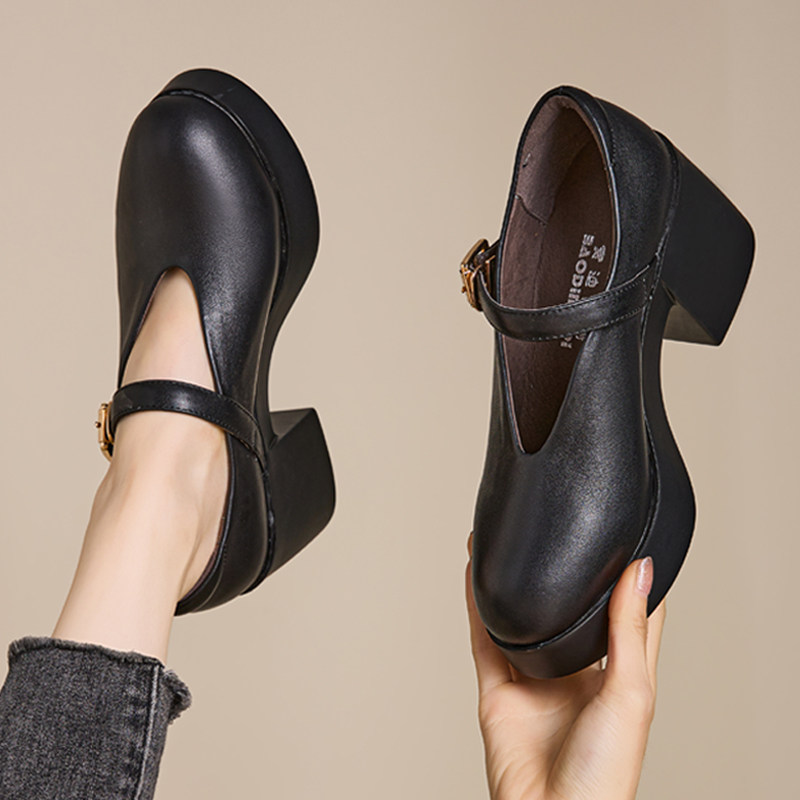2026秋季新款英伦风小皮鞋真皮高跟鞋女粗跟厚底圆头玛丽珍单鞋女