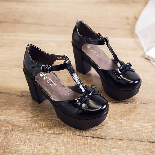 粗跟高跟防水台真皮蝴蝶结