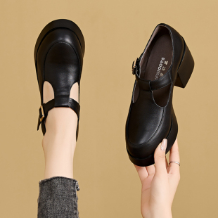 玛丽珍鞋女2026秋季新款圆头厚底粗跟真皮黑色小皮鞋增高百搭单鞋