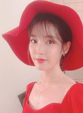 IU同款帽子李知恩德鲁纳酒店红色大帽檐遮阳帽毛呢礼帽复古结婚女