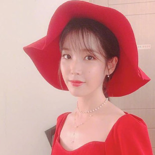 IU同款帽子李知恩德鲁纳酒店红色大帽檐遮阳帽毛呢礼帽复古结婚女