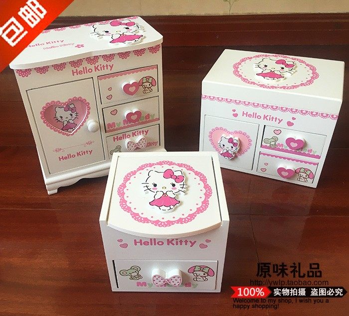 kitty木质卡通首饰盒 可爱公主饰品收纳盒 KT猫多功能收纳盒礼物