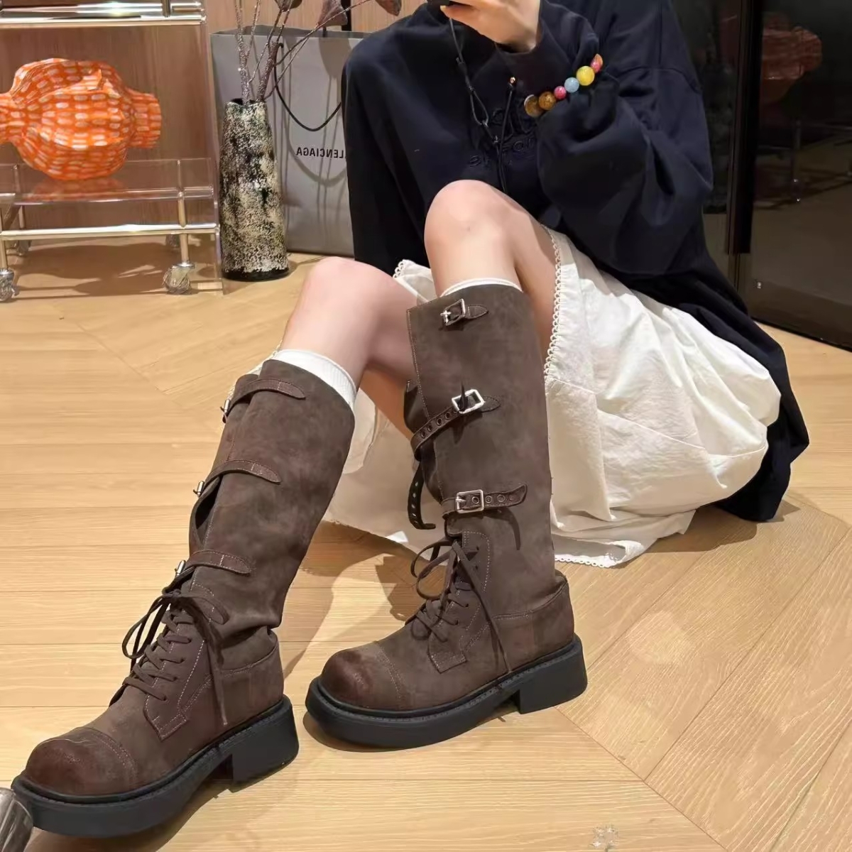 复古厚底长筒靴女2025秋季新款皮带扣骑士靴不过膝两穿靴子高筒靴