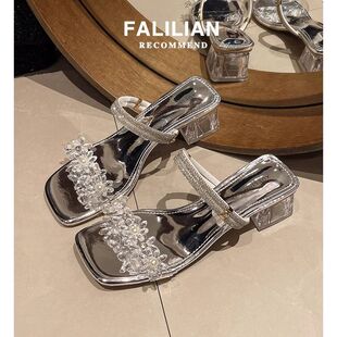 透明水钻拖鞋女夏外穿2025新款一字带水晶凉鞋粗跟法式仙女高跟鞋