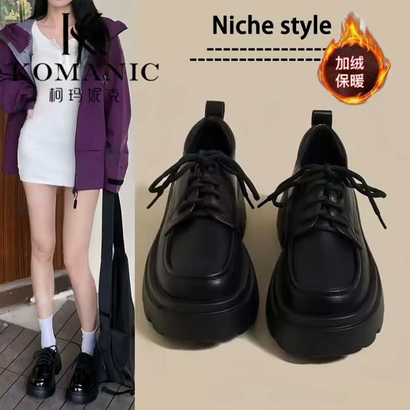 鞠婧祎同款松糕厚底加绒乐福鞋女2025冬季新款复古jk英伦小皮鞋女