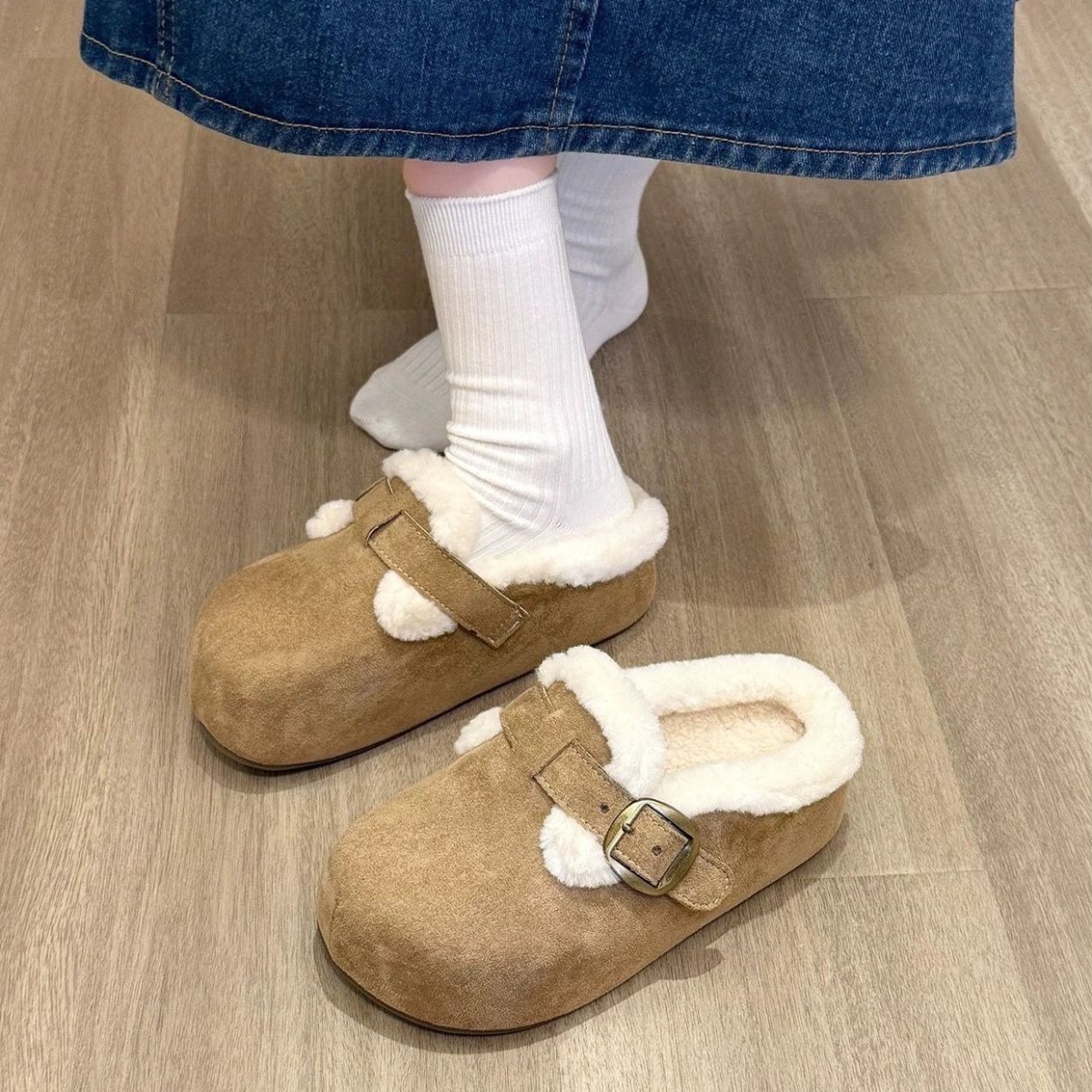 厚底内增高5lm加绒包头拖2025冬季新款一脚蹬增高小个子勃肯毛毛