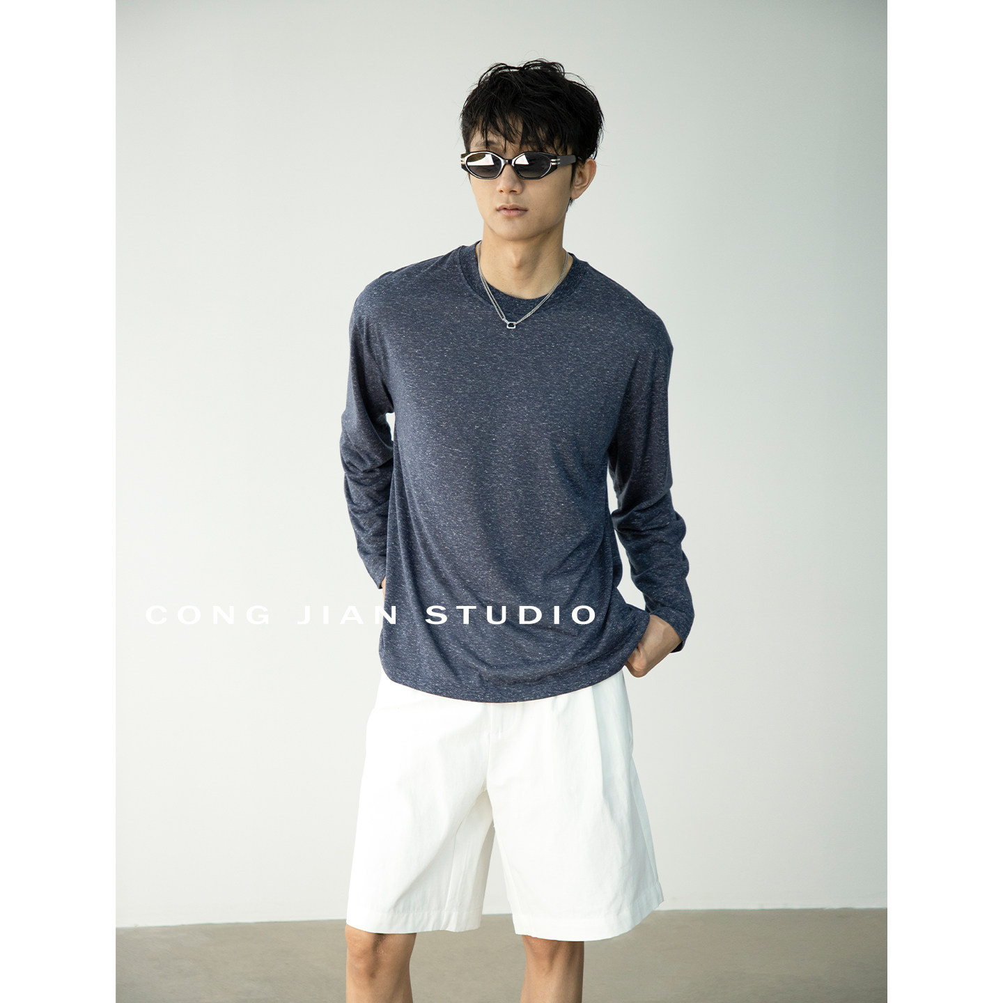 CONGJIAN亚麻花纱混纺长袖防晒服2026夏季薄款微透凉感防晒t恤男
