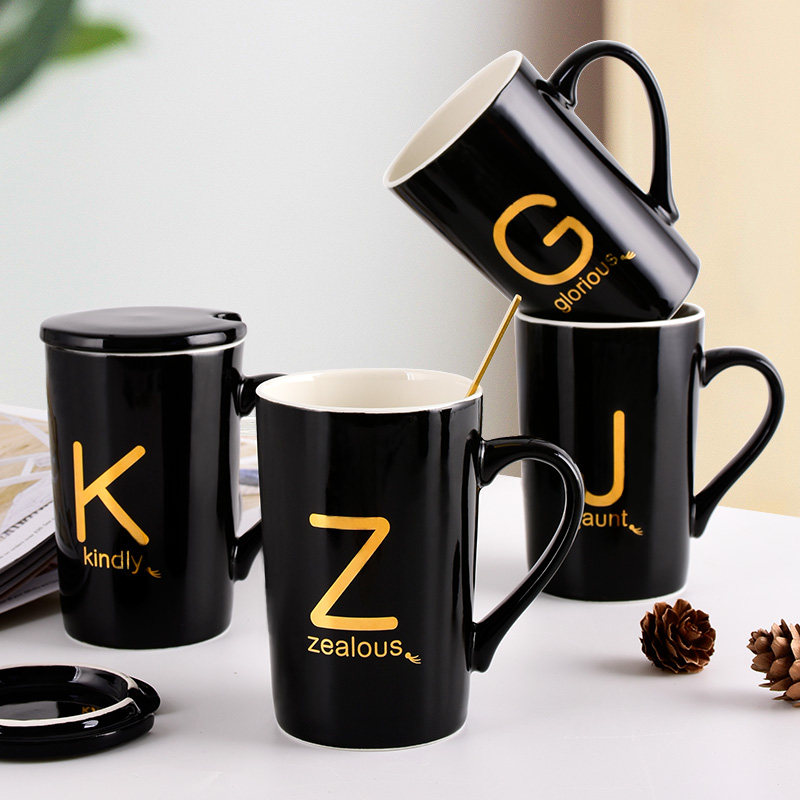 杯子男生姓氏马克杯字母杯陶瓷杯带盖勺字母家用咖啡杯男名字水杯