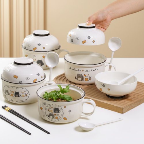 多功能陶瓷泡面碗有盖勺筷套装