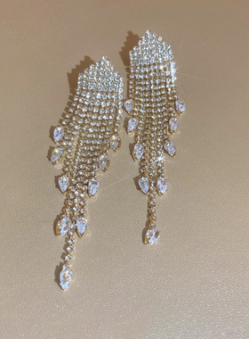 银针锆石镶钻流苏耳环女欧美设计感个性长款耳钉耳坠夸张气质耳饰