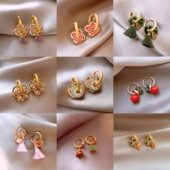 珐琅耳饰一款 中古国风个性 小众彩绘复古耳环女新中式 多戴花朵耳扣