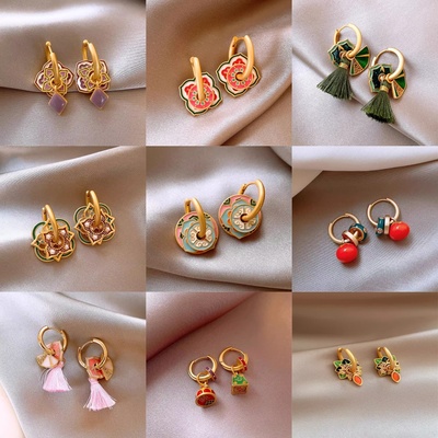 中古国风个性小众彩绘复古耳环女新中式珐琅耳饰一款多戴花朵耳扣