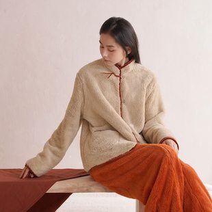 朵朵可可睡衣女秋冬新款加厚珊瑚绒立领中式双面绒长袖家居服套装