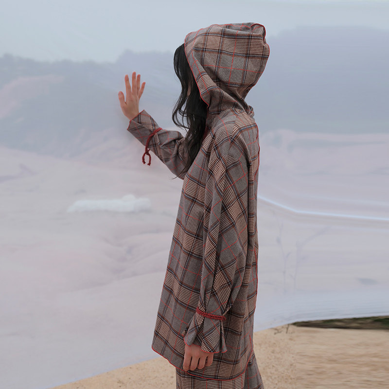 朵朵可可睡衣女24秋冬新款梭织纯棉格子连帽圆领长袖家居服套装