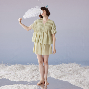 家居服套装 短裤 棉麻提花竖条布V领短袖 朵朵可可睡衣女春夏新款