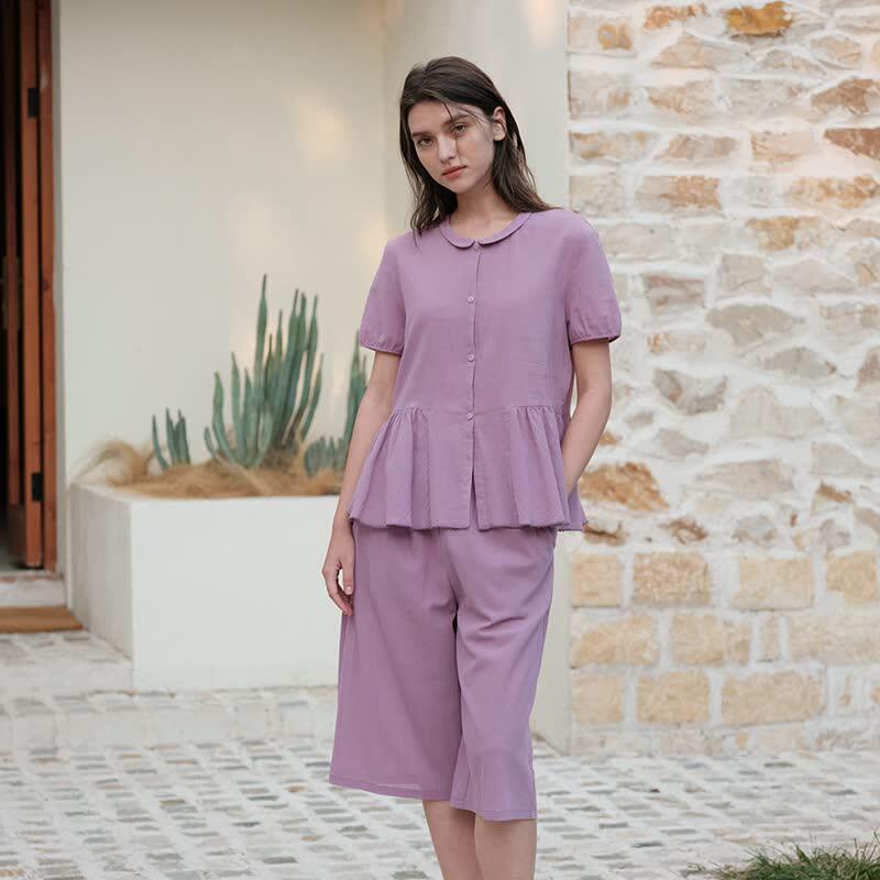 朵朵可可睡衣女春夏新款梭织纯棉甜美娃娃领短袖五分裤家居服套装