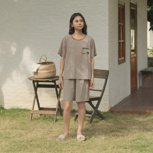 家居服套装 短裤 水墨印花棉麻圆领短袖 朵朵可可睡衣女2025春夏新款