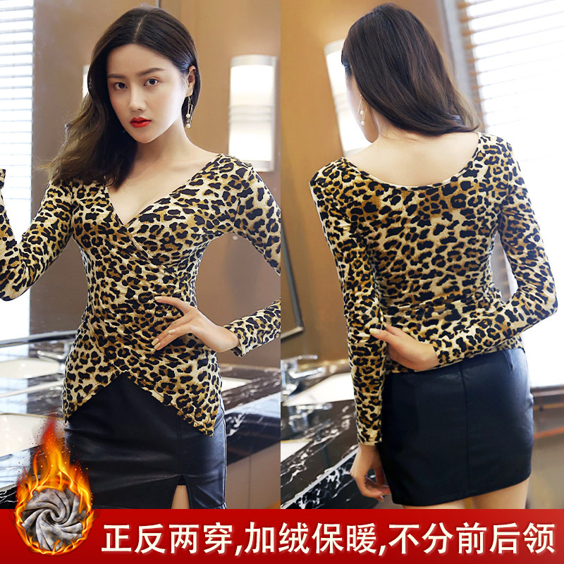 冬季新款打底衫t恤深V领黑色长袖两面穿加绒一体绒性感内搭上衣女