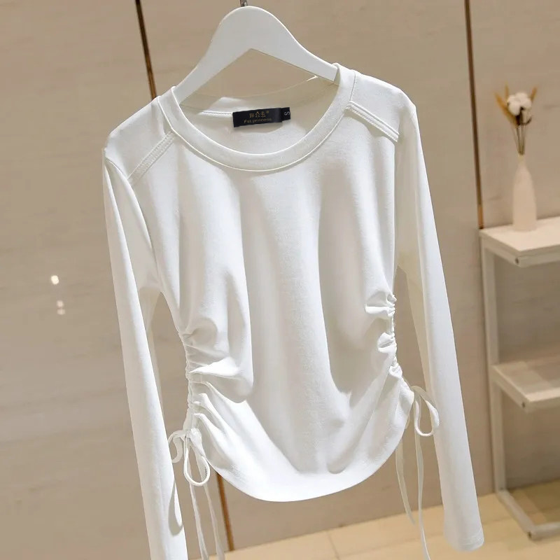 2026春季新款圆领长袖t恤女百搭韩版常规款打底衫抽绳款上衣