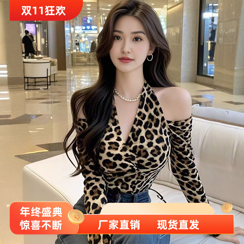 性感美式辣妹别致豹纹设计感印花豹纹上衣秋季新款长袖T恤打底衫