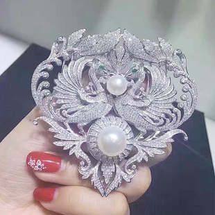 DIY配件 胸针胸花扣 流苏 吊坠项链 天然珍珠 女款双凤凰 银配件